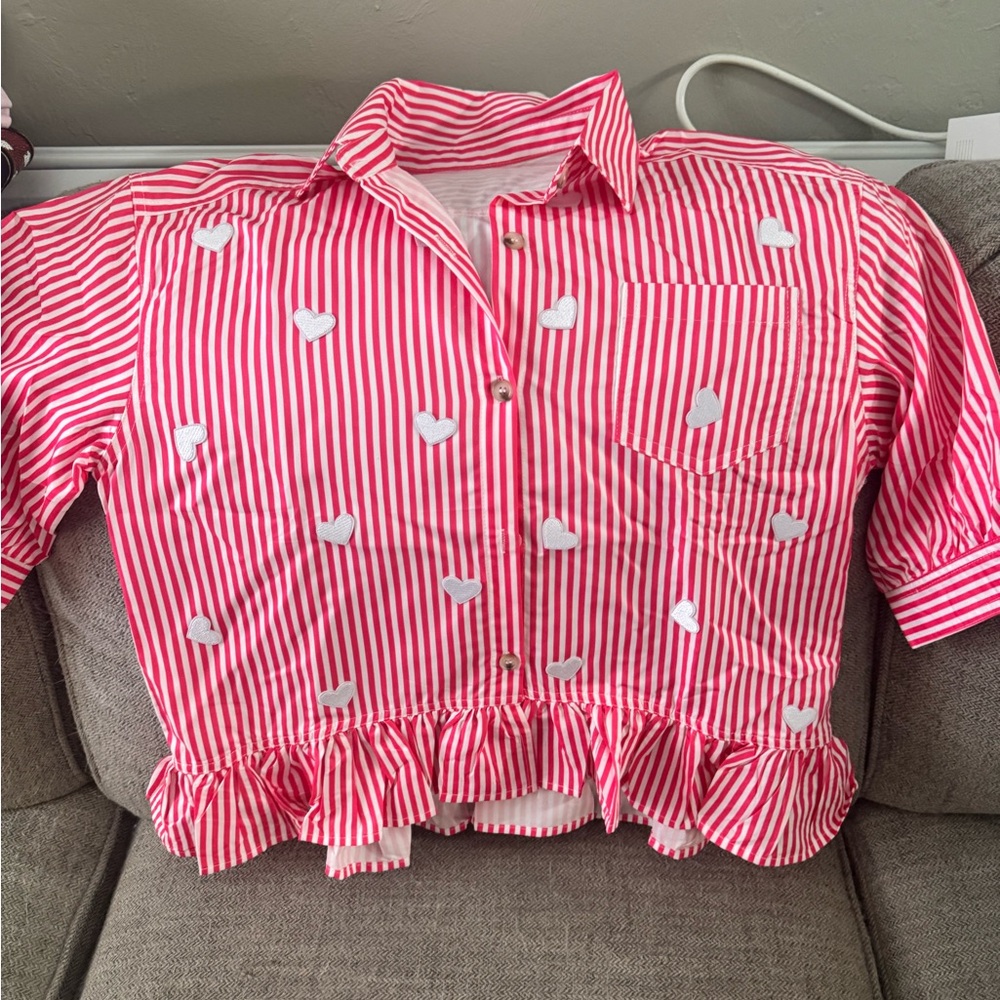 Women’s Pink Striped Heart Ruffle Crop Top